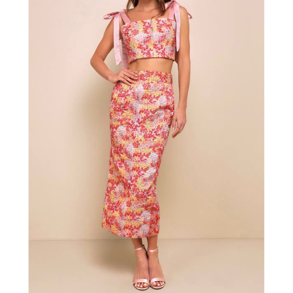 Ellarina Lulus Floral Jacquard 2Piece Crop Top Midi Skirt Pink Metallic XS New